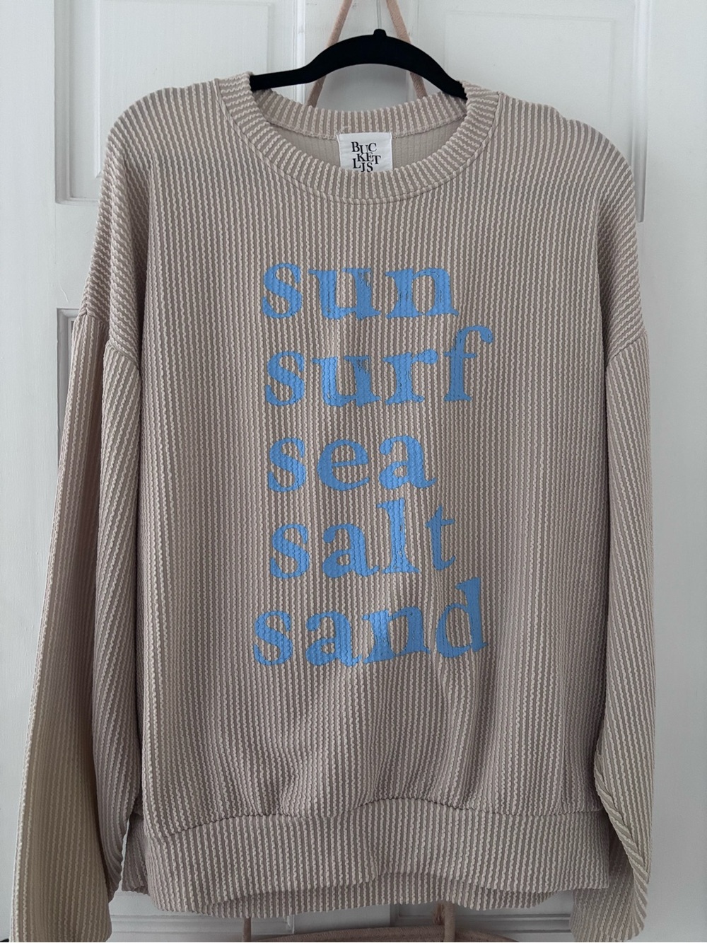 BUCKETLIST Beige Crewneck Sweater with Blue Graphic Text